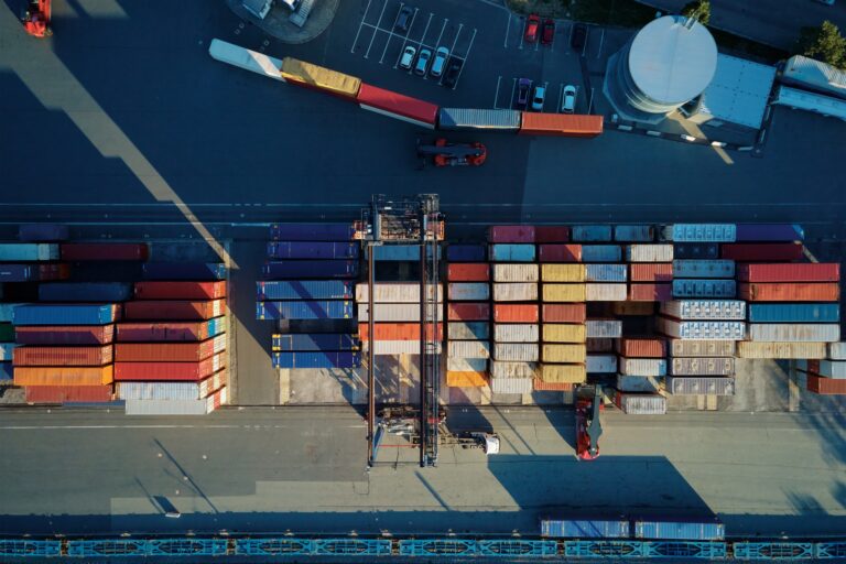 Containers warehouse, aerial view. Shipping and logistic concept